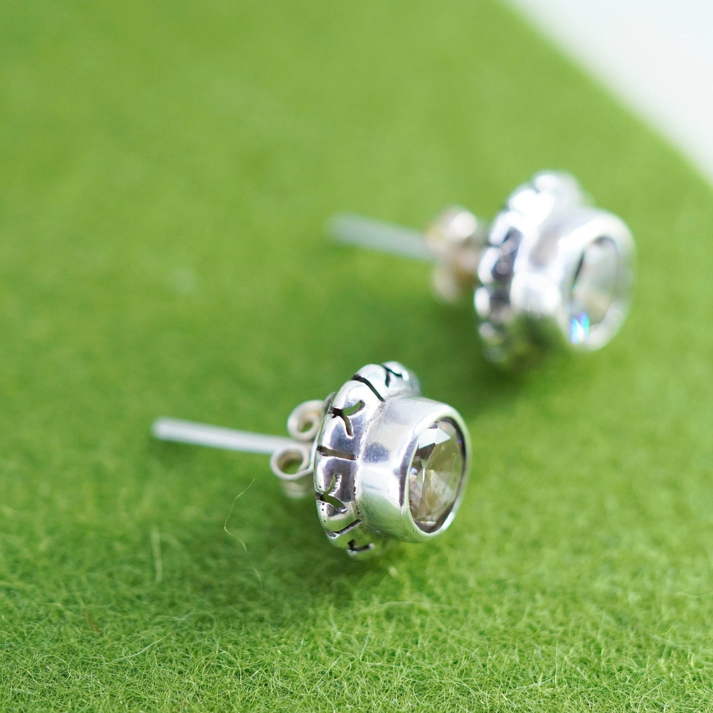 Vintage mexico sterling silver handmade square clear CZ studs, 925 earrings