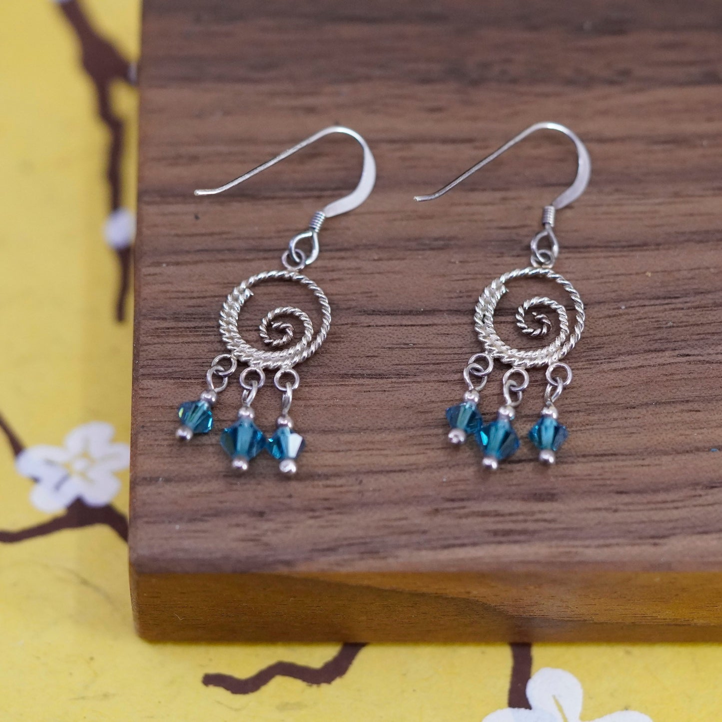 Vintage Sterling silver Handmade earrings, swirly dangle w/ blue crystal drops