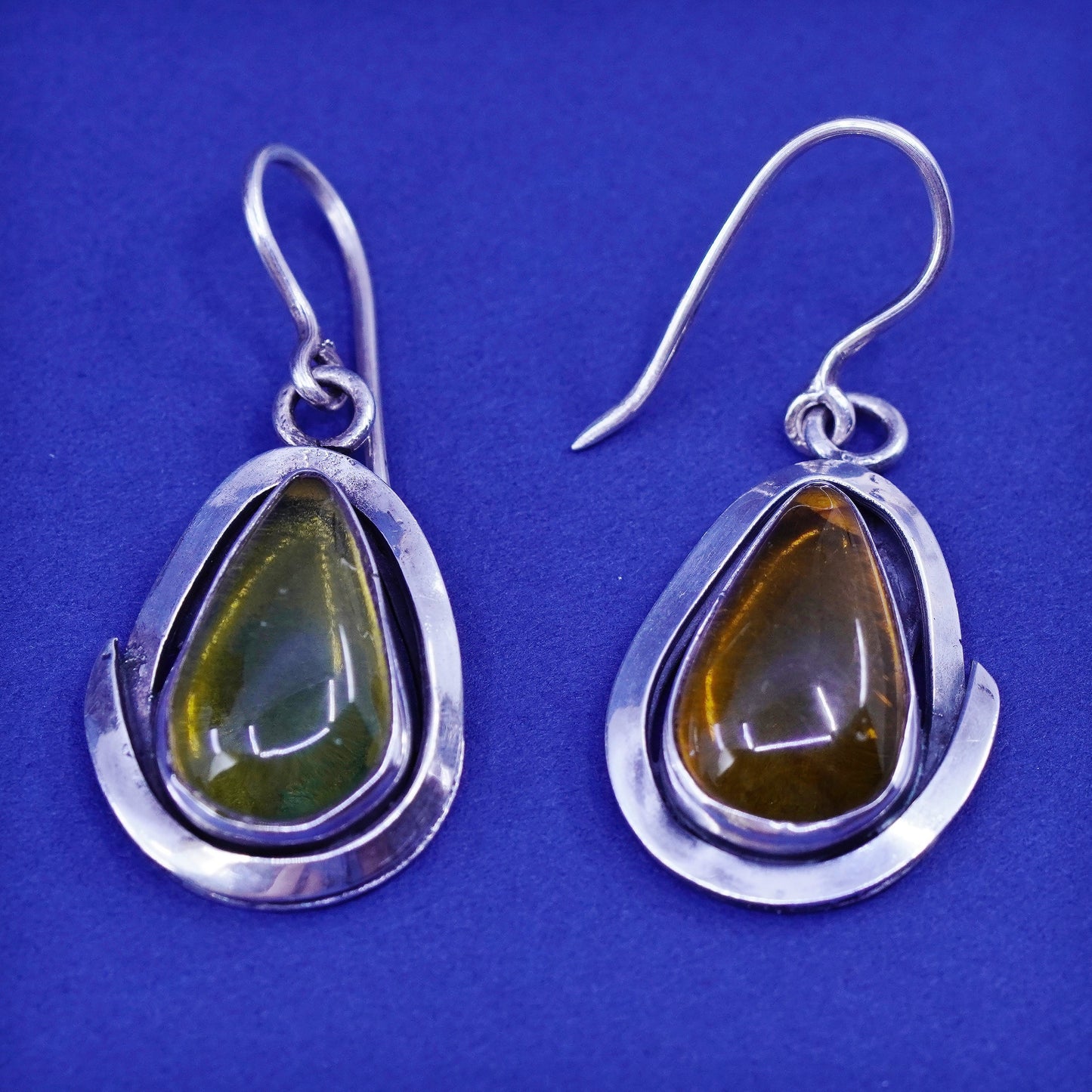 Vintage sterling 925 silver handmade earrings with teardrop amber