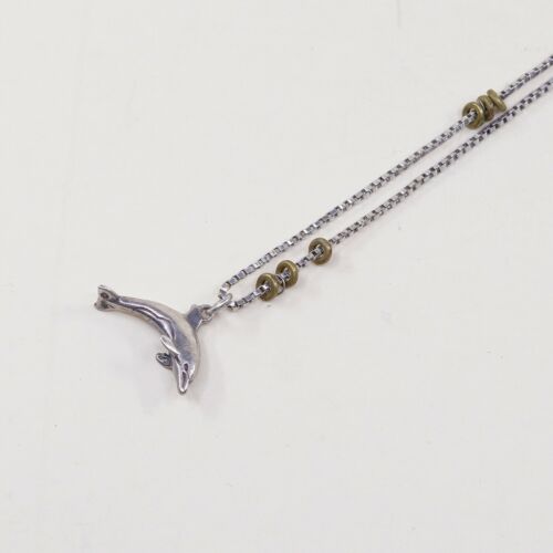 18”, Vtg Italy 925 Sterling Silver Box Chain Necklace W/ Dolphin Pendant