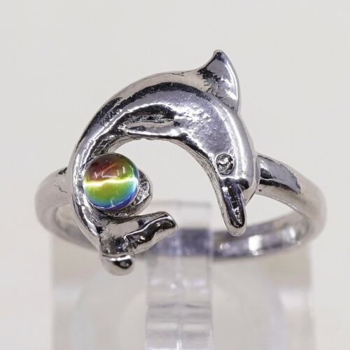 Sz 7, Vtg Silver Tone Dolphin Ring With Colorful Glass Bead