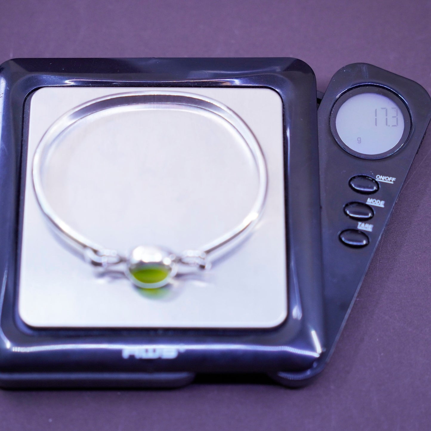 6.75”, Sterling silver handmade bracelet, 925 hinged bangle with green cat eye