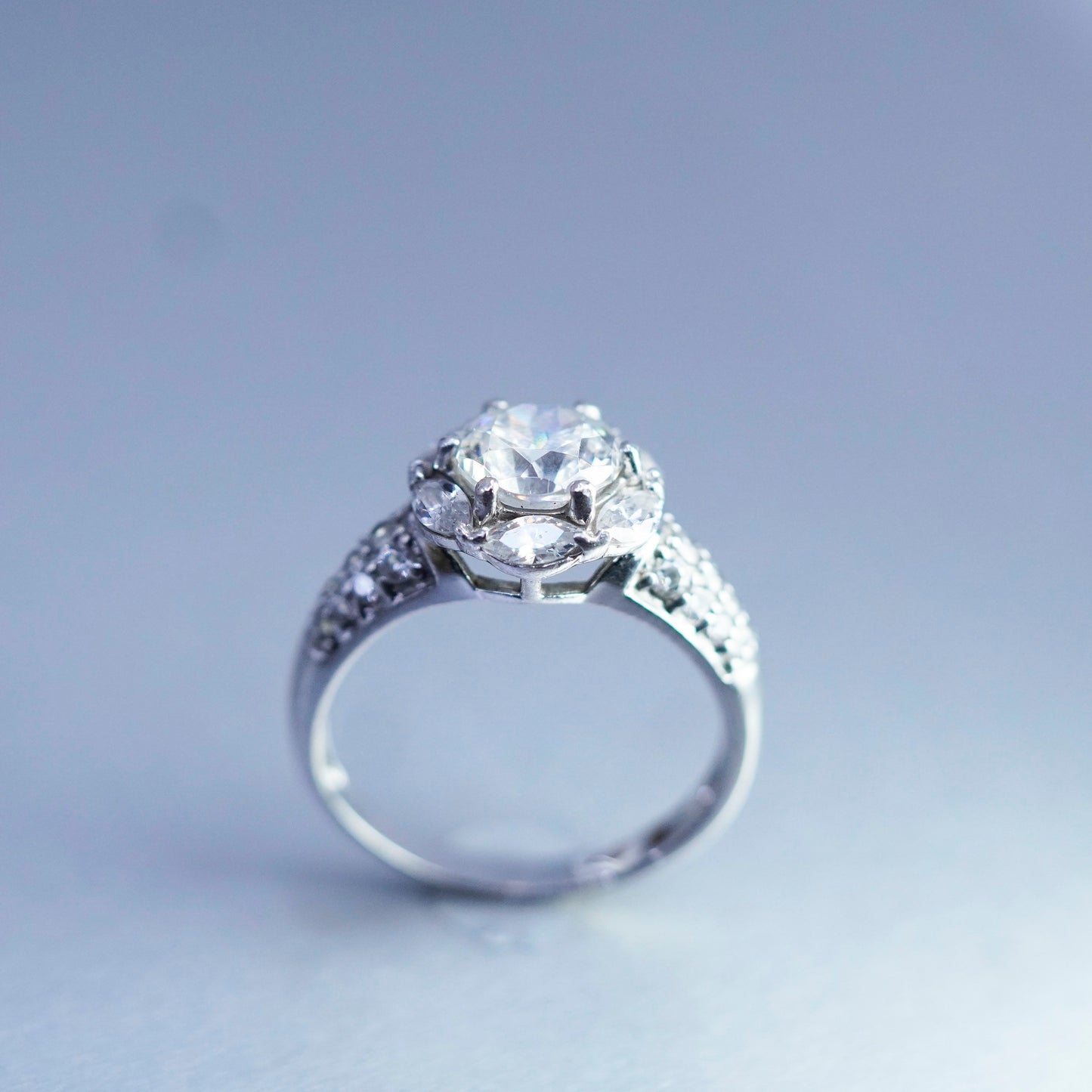 Size 8.5, vintage Sterling 925 silver handmade engagement ring with cluster Cz