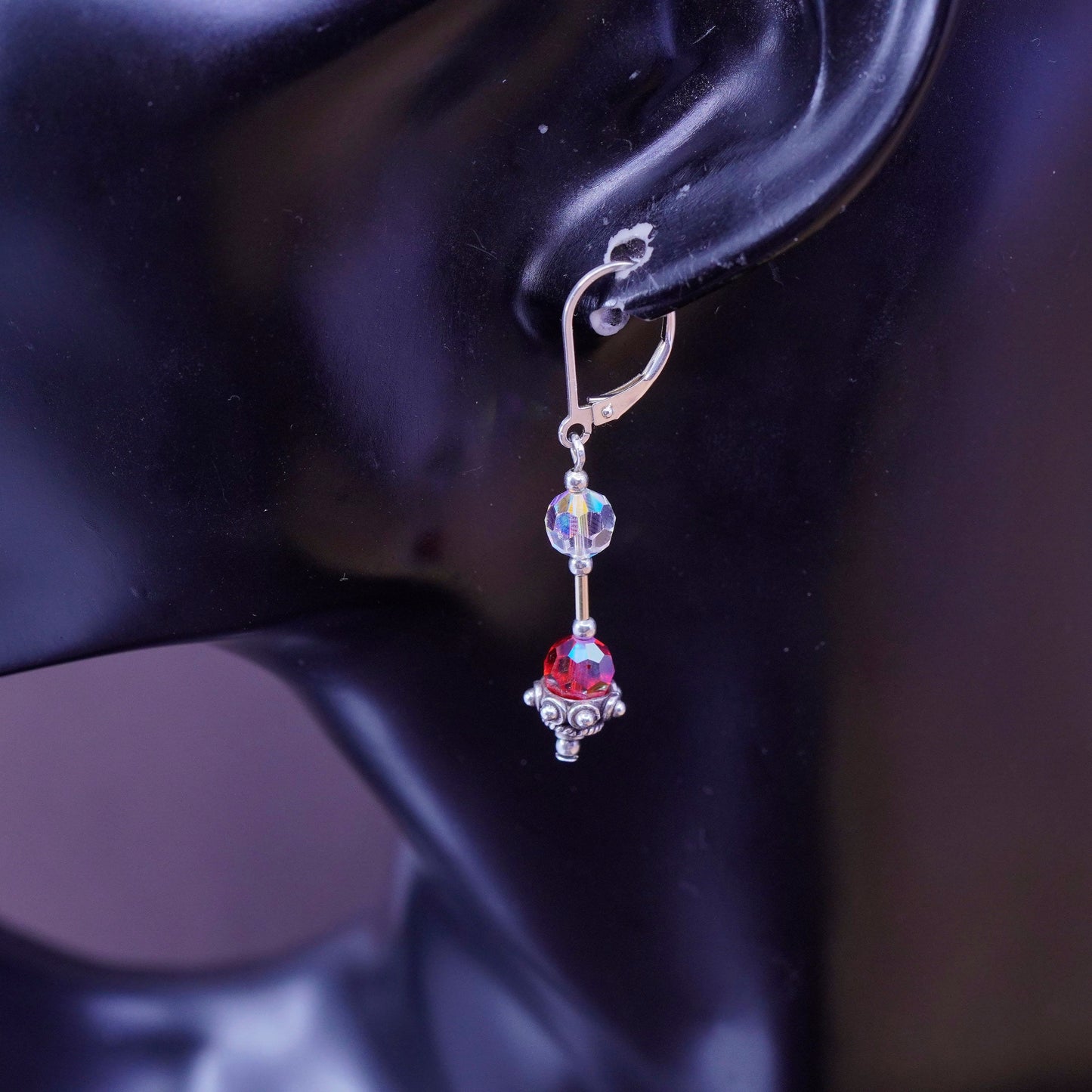 Vintage Sterling 925 silver handmade earrings with clear red Swarovski crystal