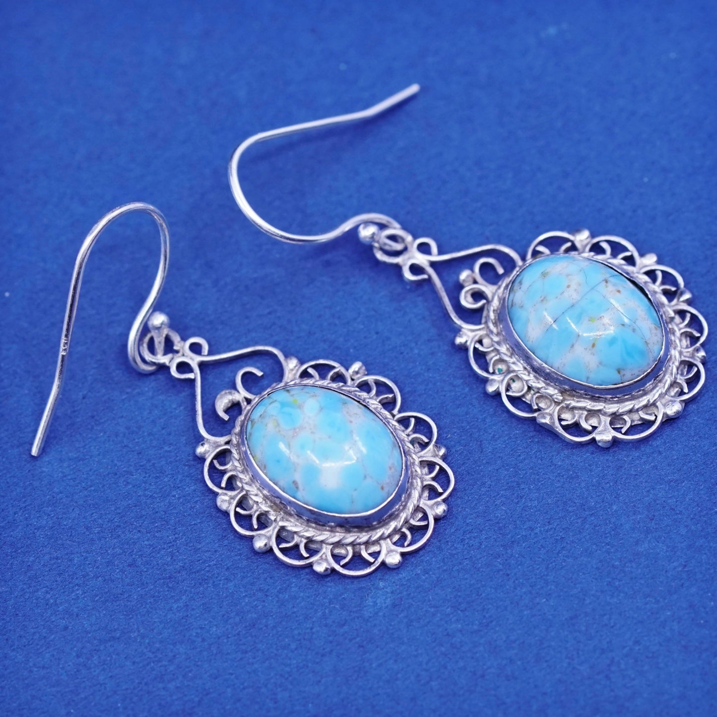 Vintage Sterling 925 silver handmade filigree earrings with oval turquoise