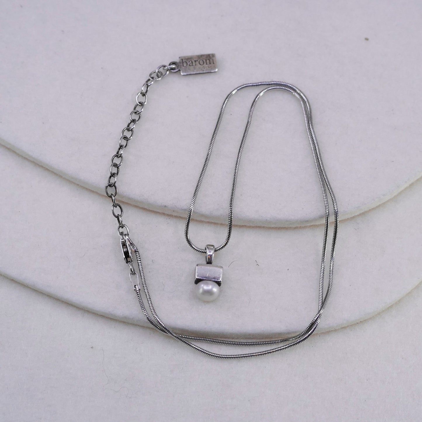 16+2”, Baroni Sterling 925 silver handmade snake chain necklace pearl pendant