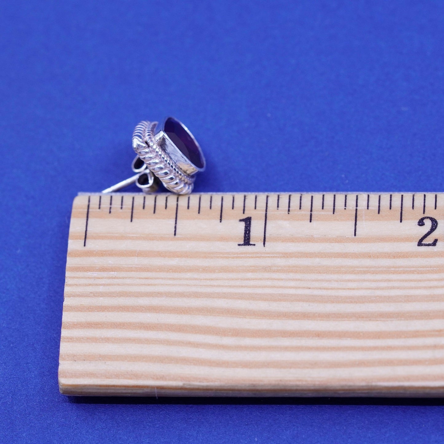 Vintage sterling silver handmade earrings, 925 studs with ruby and cable