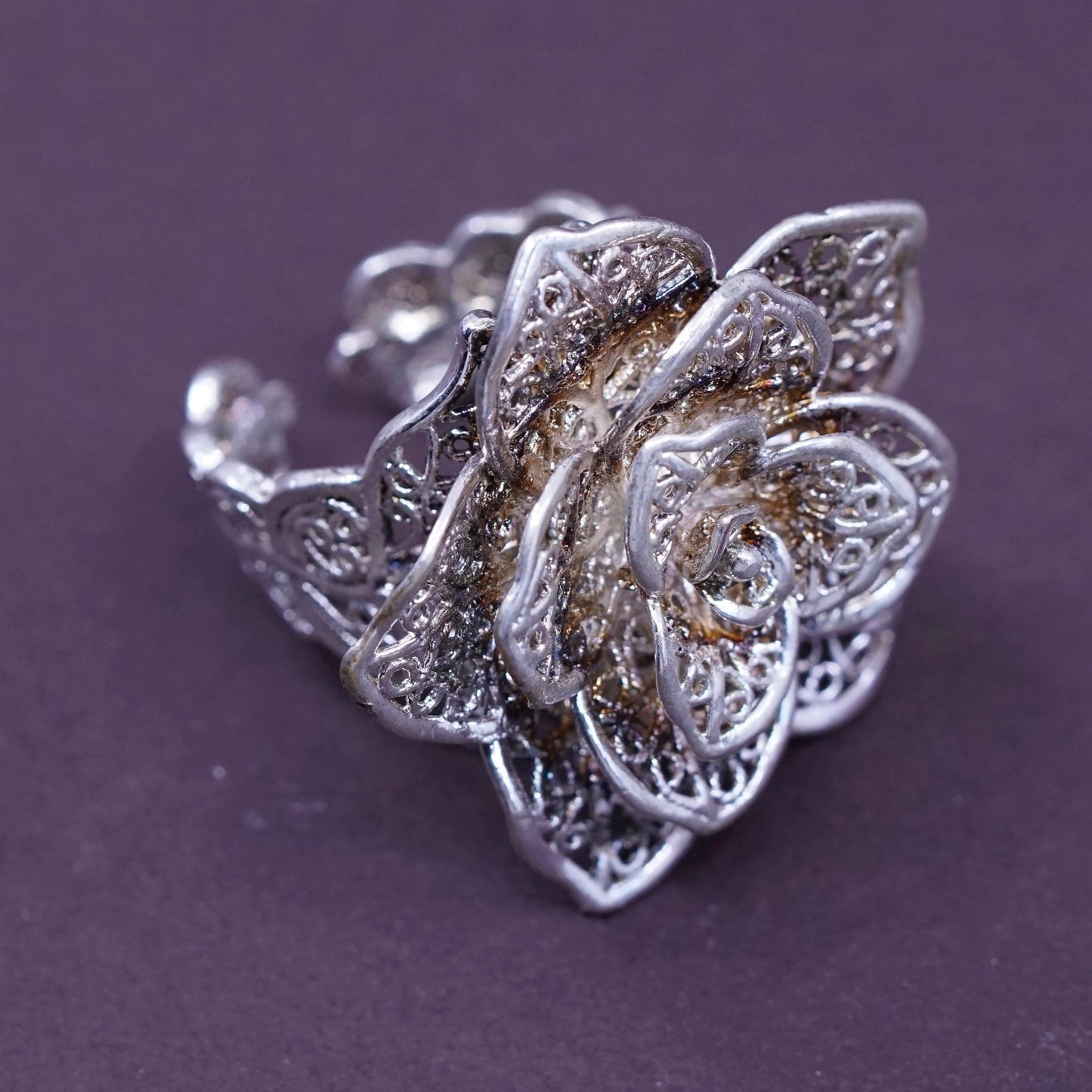 sz adjustable, vtg Sterling silver handmade cocktail ring, 925 filigree flower