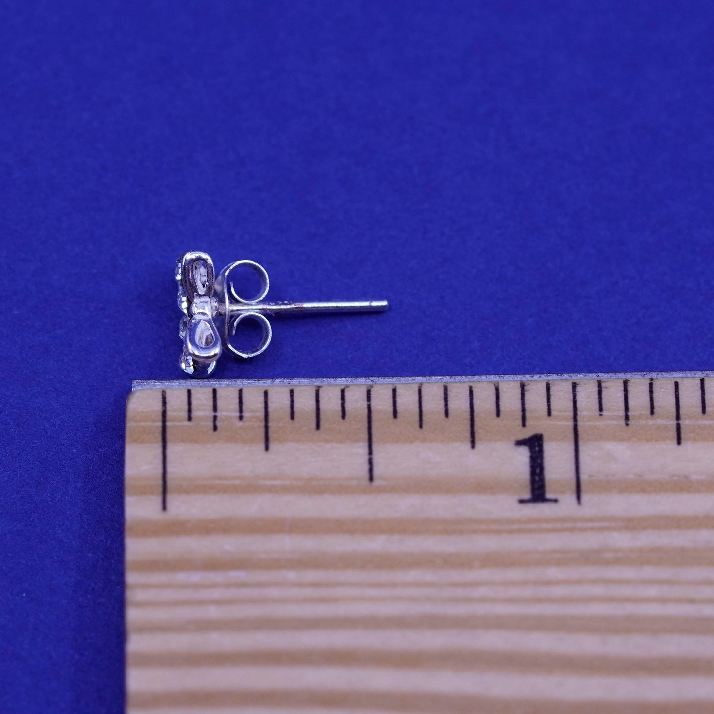 Vintage sterling silver handmade earrings, ribbon bow 925 studs with cluster CZ