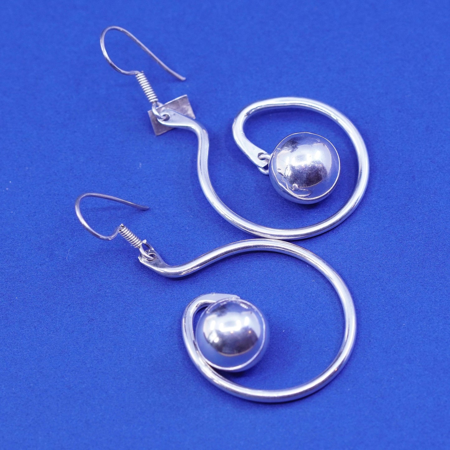 Vintage sterling silver handmade earrings, Mexico 925 swirly circles and beads