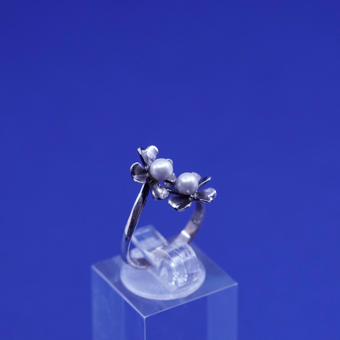 Size adjustable, vintage Sterling silver handmade ring, 925 flower with pearl