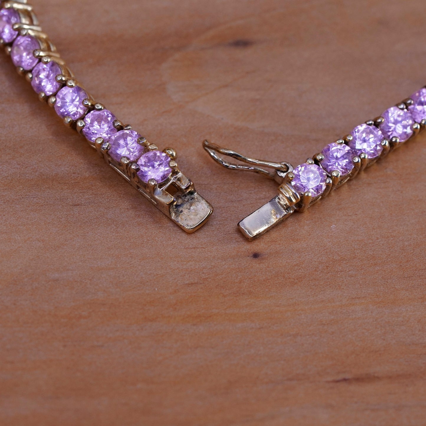 6.75”, vermeil gold Sterling 925 silver tennis bracelet, chain pink crystal