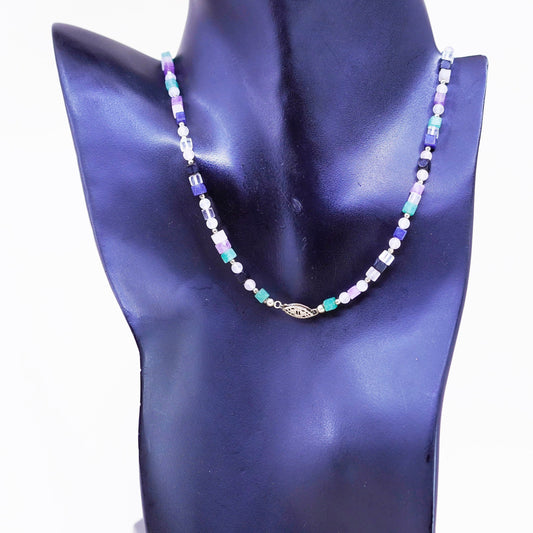 18”, Vintage sterling 925 silver handmade necklace, colorful gemstone cubes