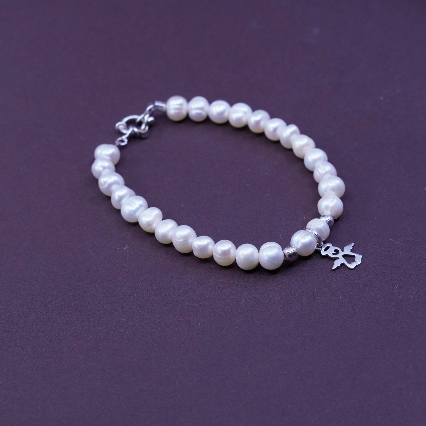 7”, Sterling 925 silver handmade bracelet, pearl beads chain with Angel charm