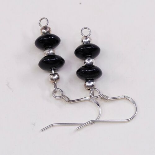 Vtg Southwestern Sterling 925 Silver Handmade Earrings W/ Obsidian Bead