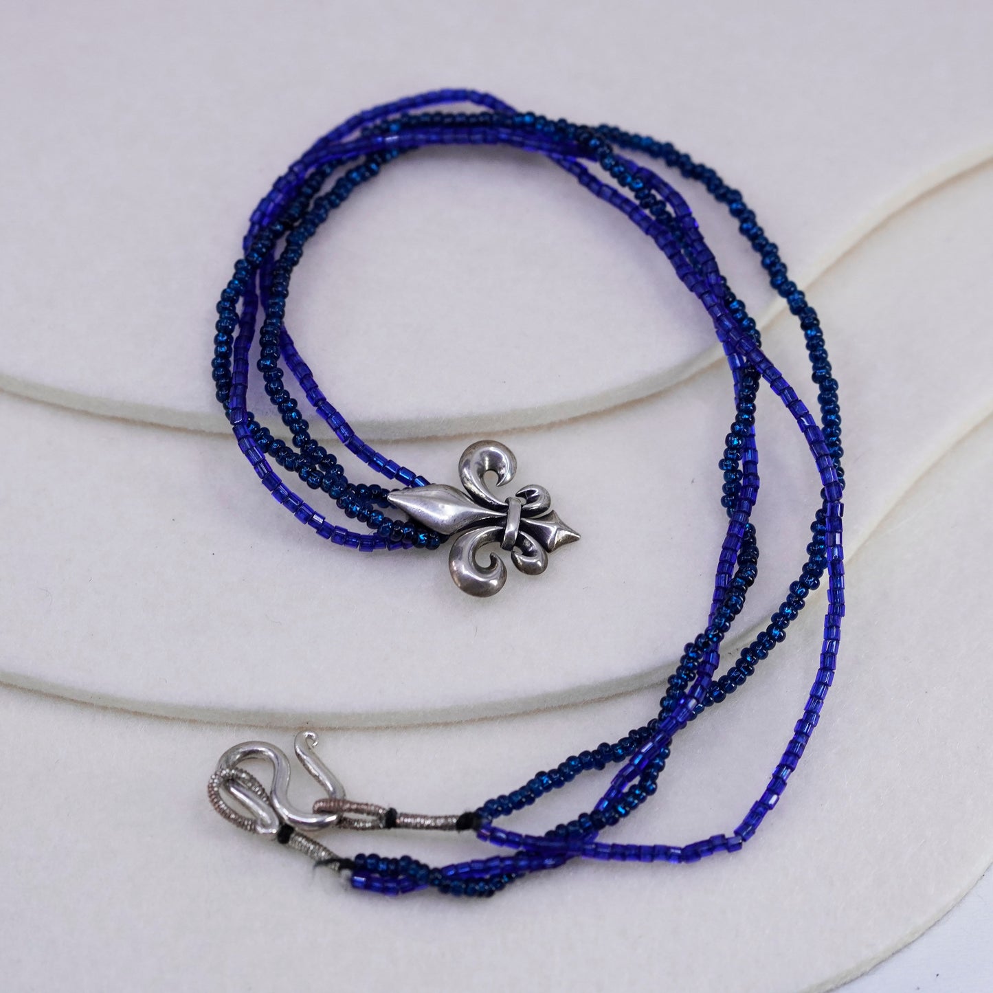 18”, blue beads necklace Sterling 925 silver French symbol fleur-de-lis pendant