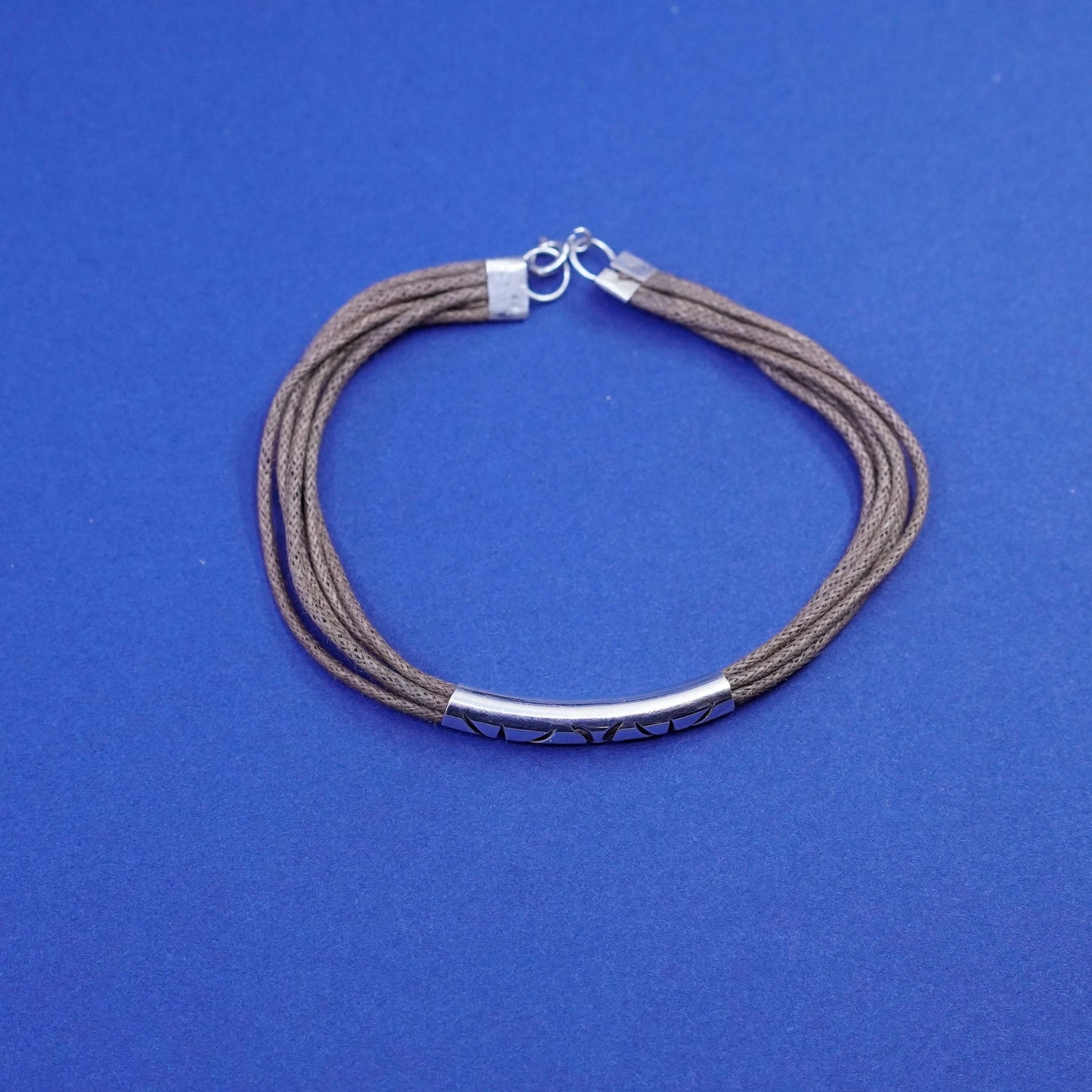 6.75”, vintage Sterling 925 silver handmade bracelet with linen thread and bar