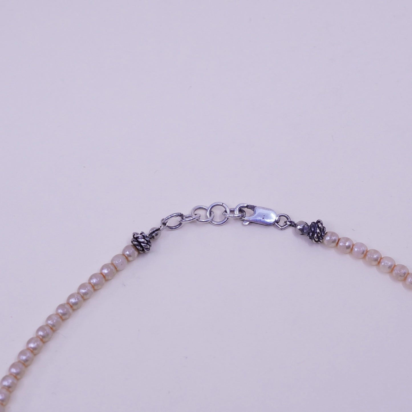 16”, Vintage faux pearl beads necklace chain with sterling 925 silver clasp