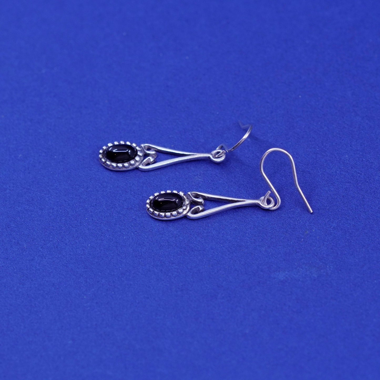 Vintage Israel sterling 925 silver handmade earrings with oval obsidian