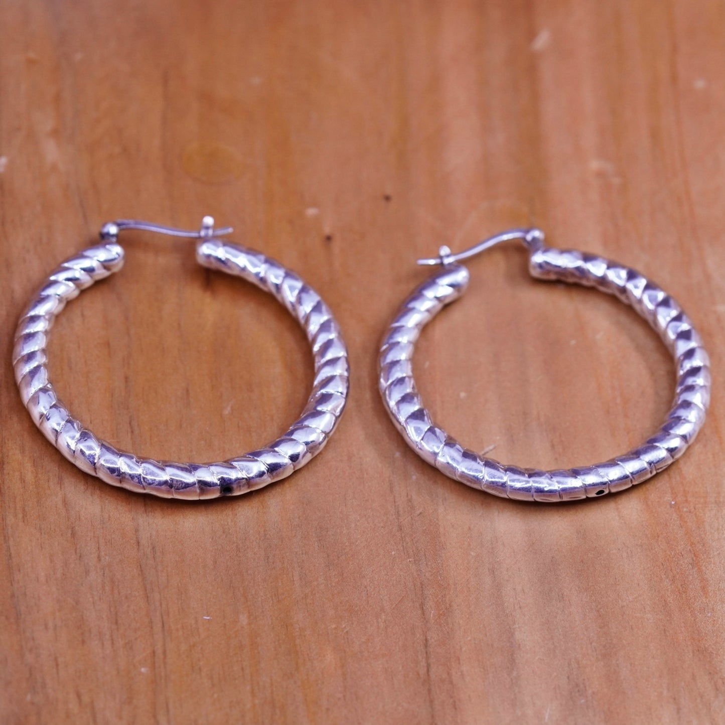 1.5”, vintage Sterling silver handmade earrings, bold 925 textured hoops