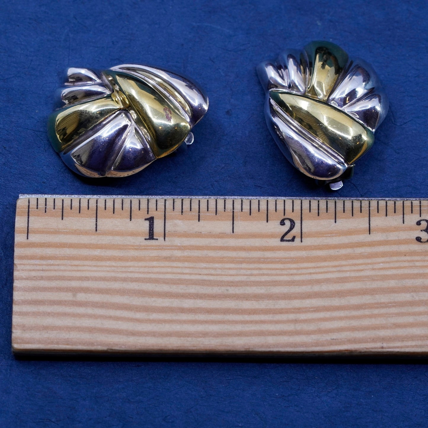 Vintage two tone Sterling silver handmade earrings, mexico 925 ribbed clip on