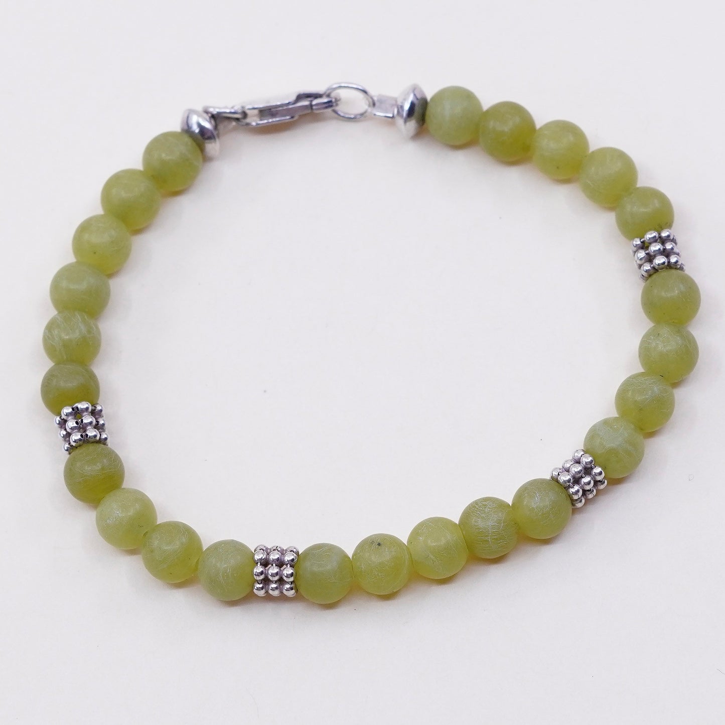 6.75”, vintage 925 Sterling silver handmade bracelet with jade beads