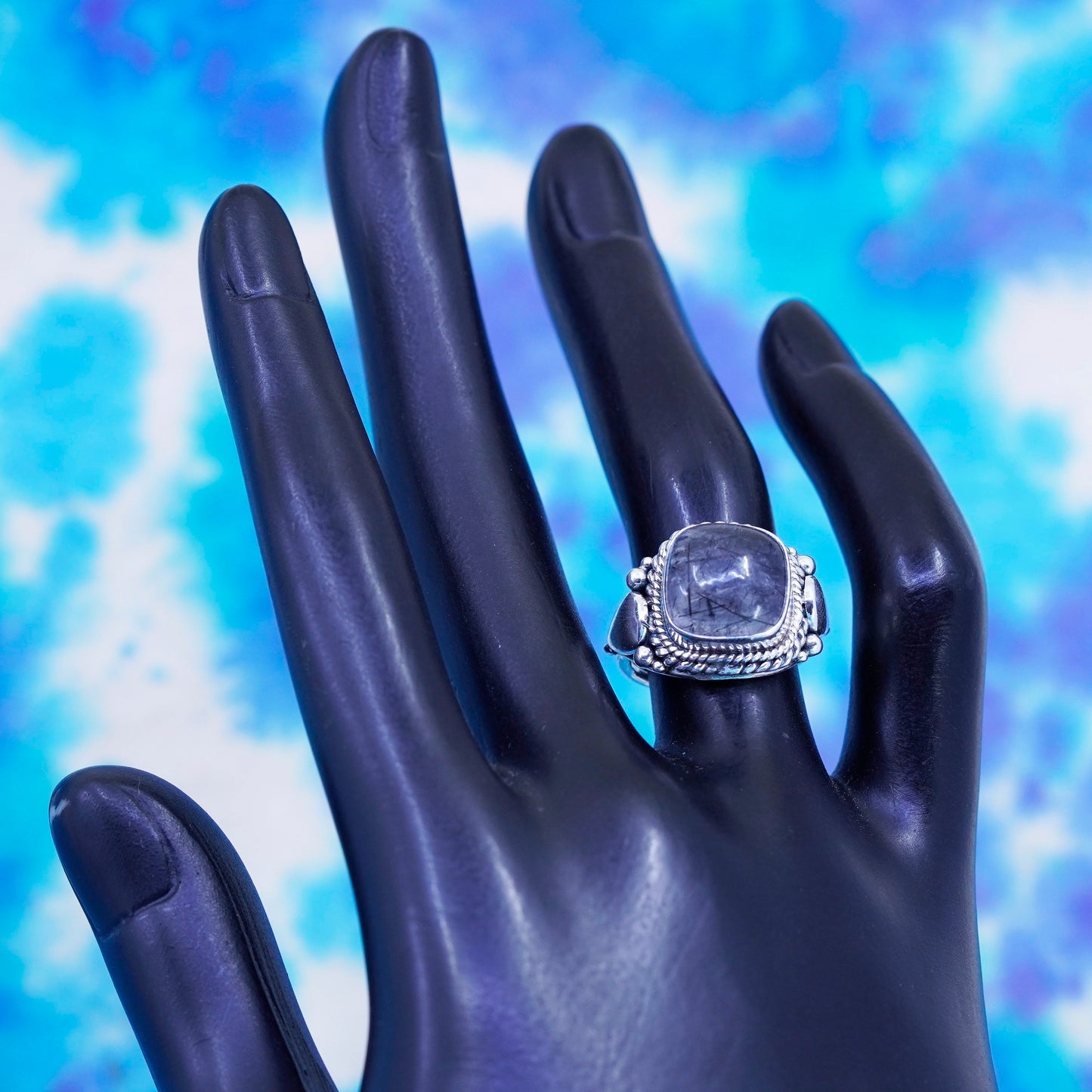 Size 6, Vintage Sterling 925 silver ring with Tourmalinated Quartz and beads