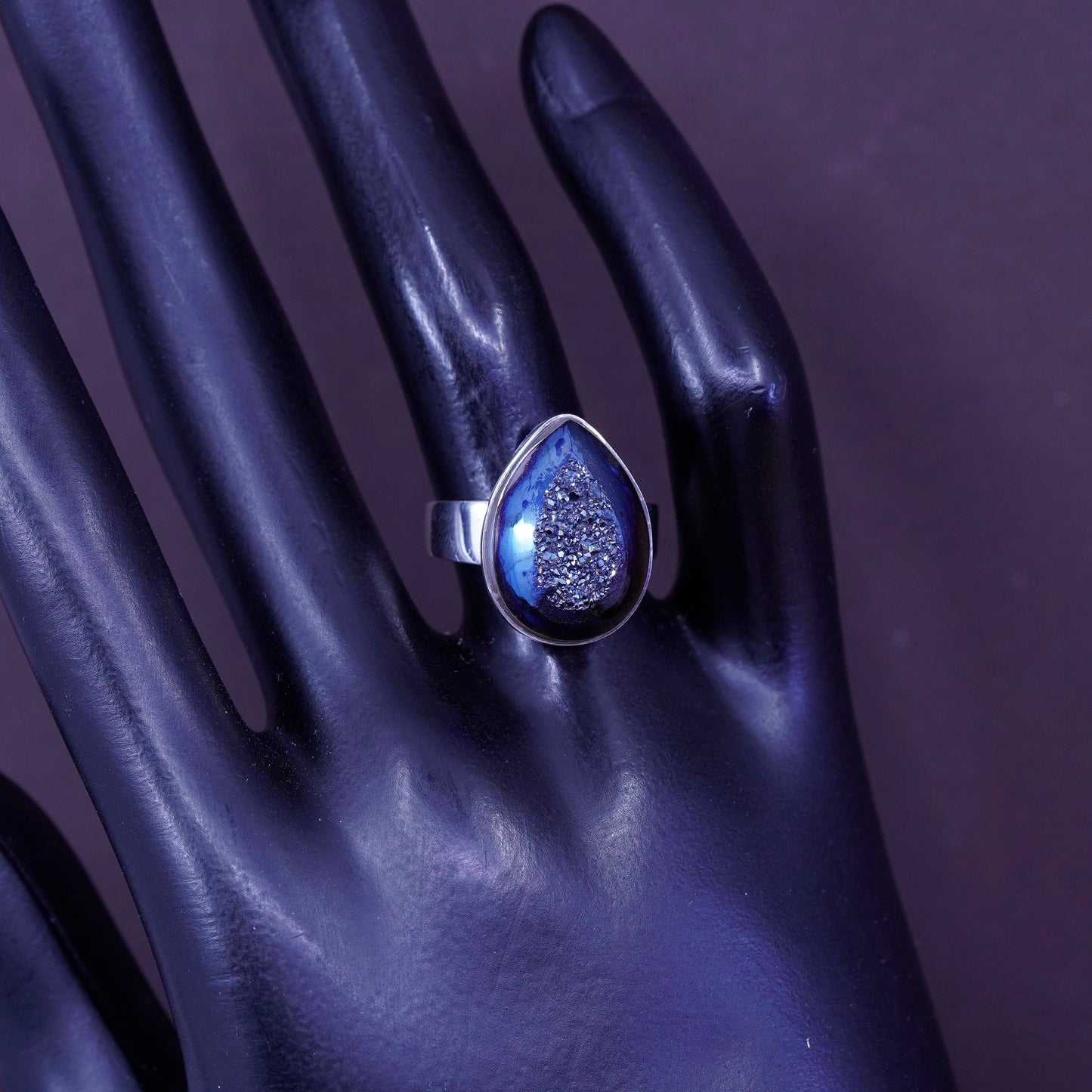 Size 7.25, Sterling 925 silver handmade ring with teardrop metallic druzy stone