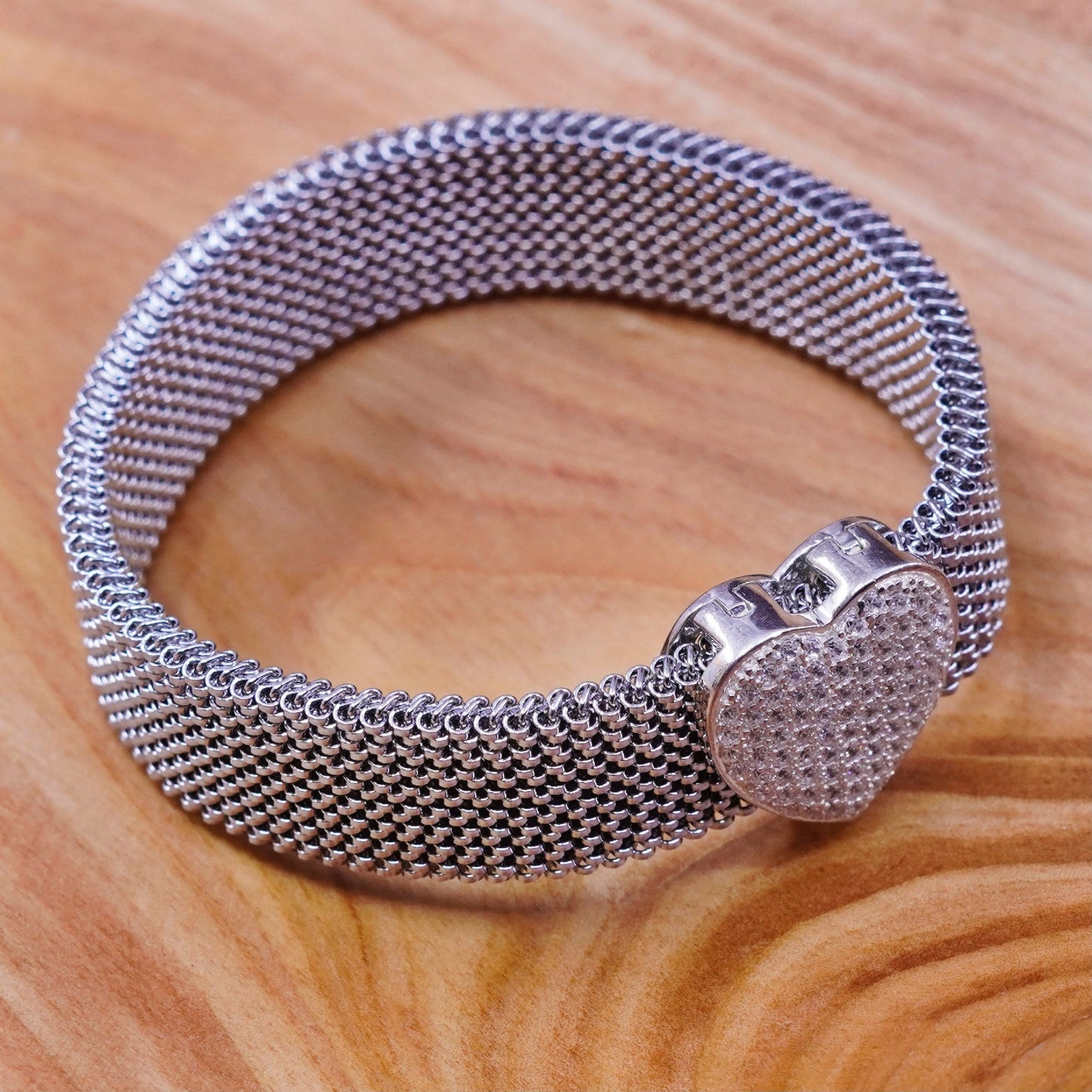 6”, Sterling 925 silver handmade bracelet, mesh bangle cluster cz heart charm