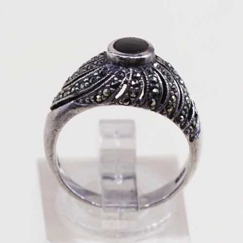 Sz 6, Vtg Sterling Silver Handmade Ring, 925 Silver Band W Obsidian N marcasite
