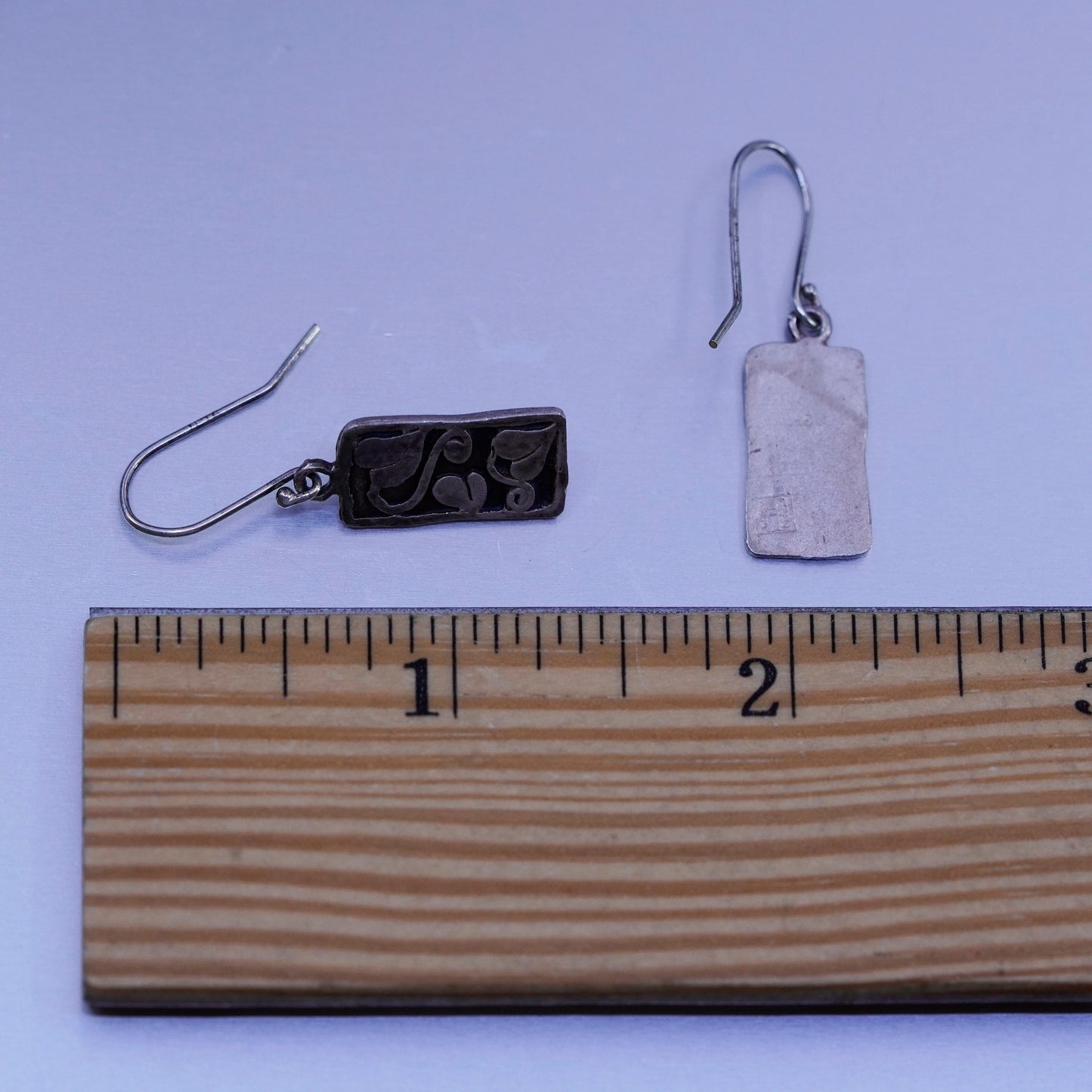 vintage Sterling silver handmade earrings, 950 tag dangles with heart engraved