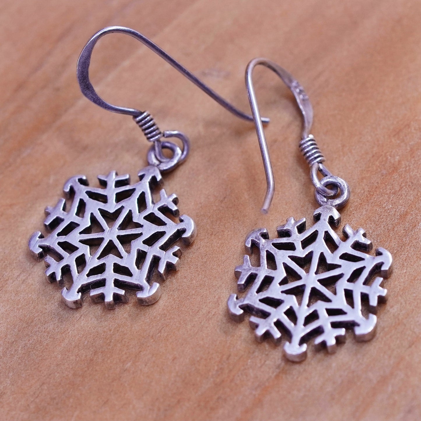 Vintage Sterling silver handmade earrings, 925 snowflake drops
