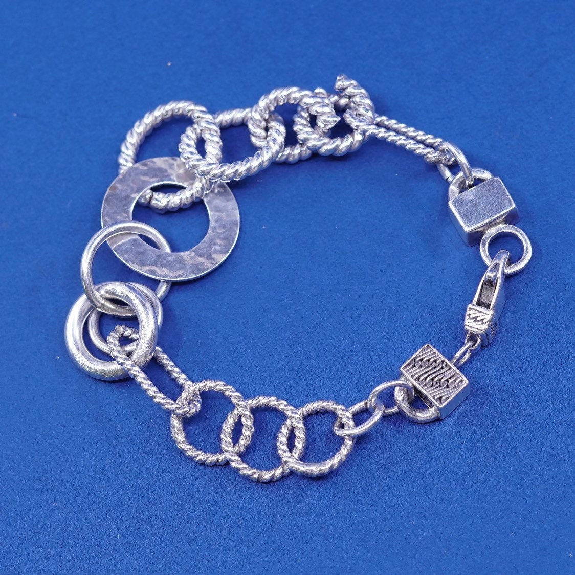 6.75”, vtg Sterling silver handmade bracelet, 925 twisted cable, circle chain
