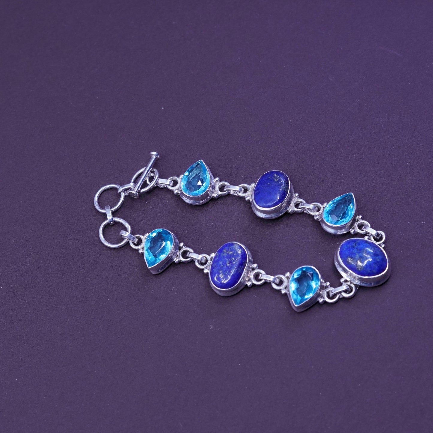 7+1”, Sterling 925 silver handmade bracelet with lapis lazuli N teardrop topaz