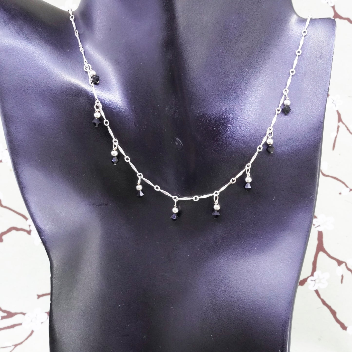 16”, Sterling silver handmade necklace, 925 bone link chain with obsidian beads