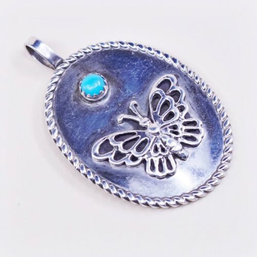 Navajo sterling silver pendant Native American 925 Oval W/ butterfly N turquoise