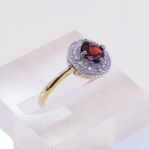 Sz 7, vermeil, gold over Sterling 925 Silver Ring W/ ruby N Diamond, Stamped 925