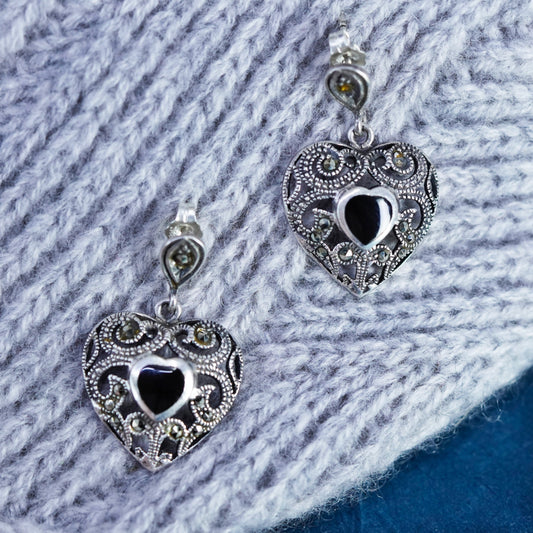 Vintage Sterling 925 Silver Handmade heart Earrings with onyx and Marcasite