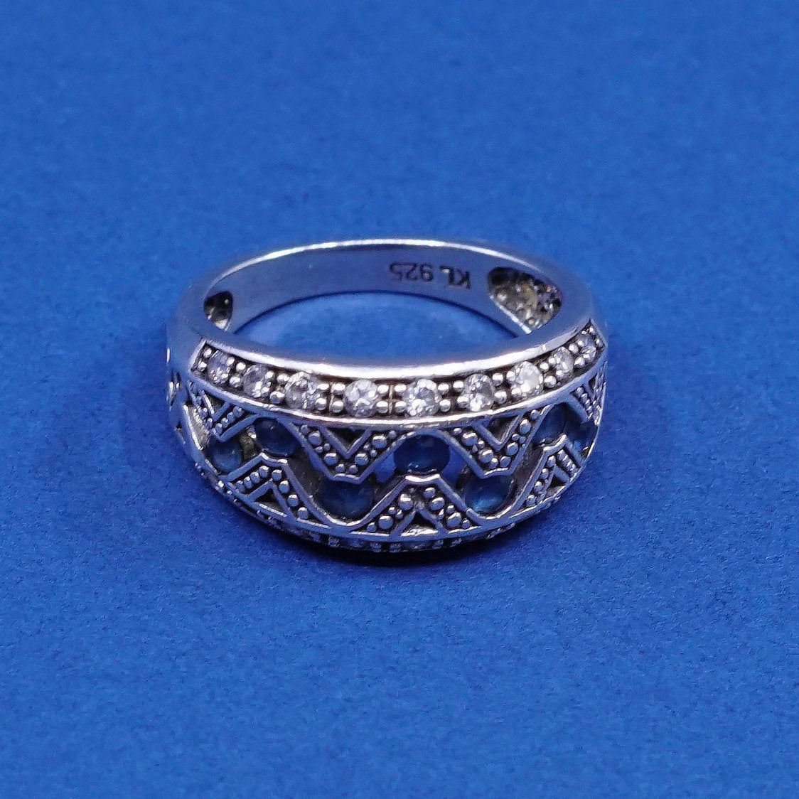 Size 6.25, vtg KL sterling silver ring, 925 w/ sapphire N crystal