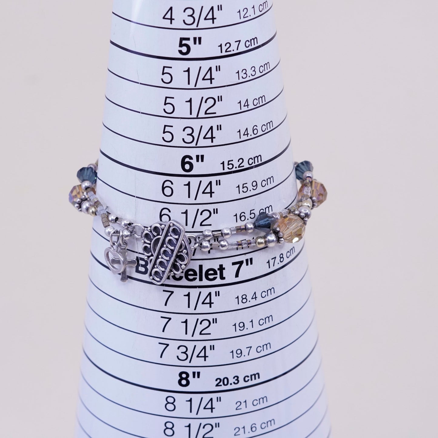6.75”, sterling 925 silver bracelet w/ topaz crystal beads N cross heart charms