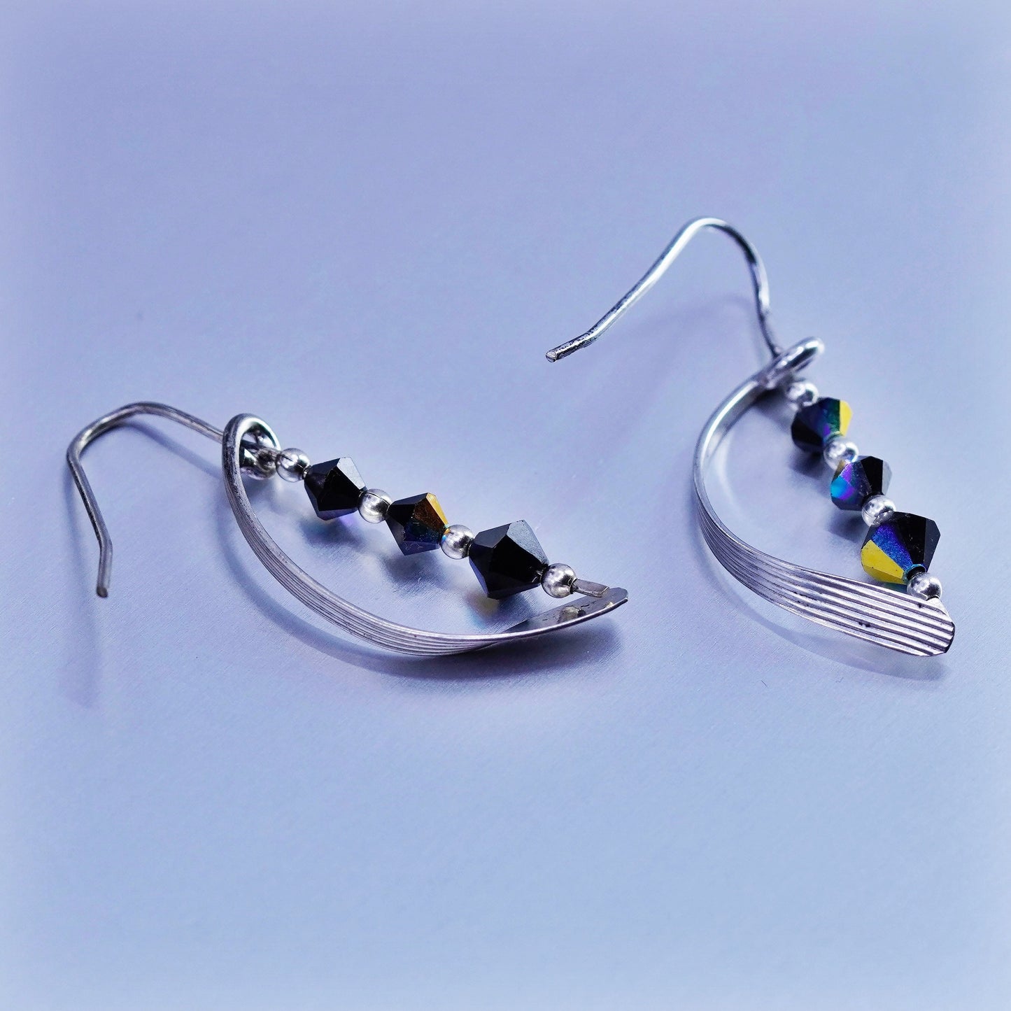 Vintage Sterling 925 silver handmade wavy earrings with crystal