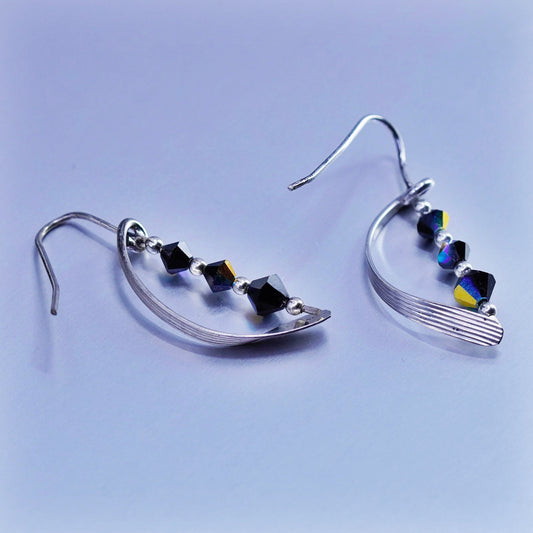 Vintage Sterling 925 silver handmade wavy earrings with crystal