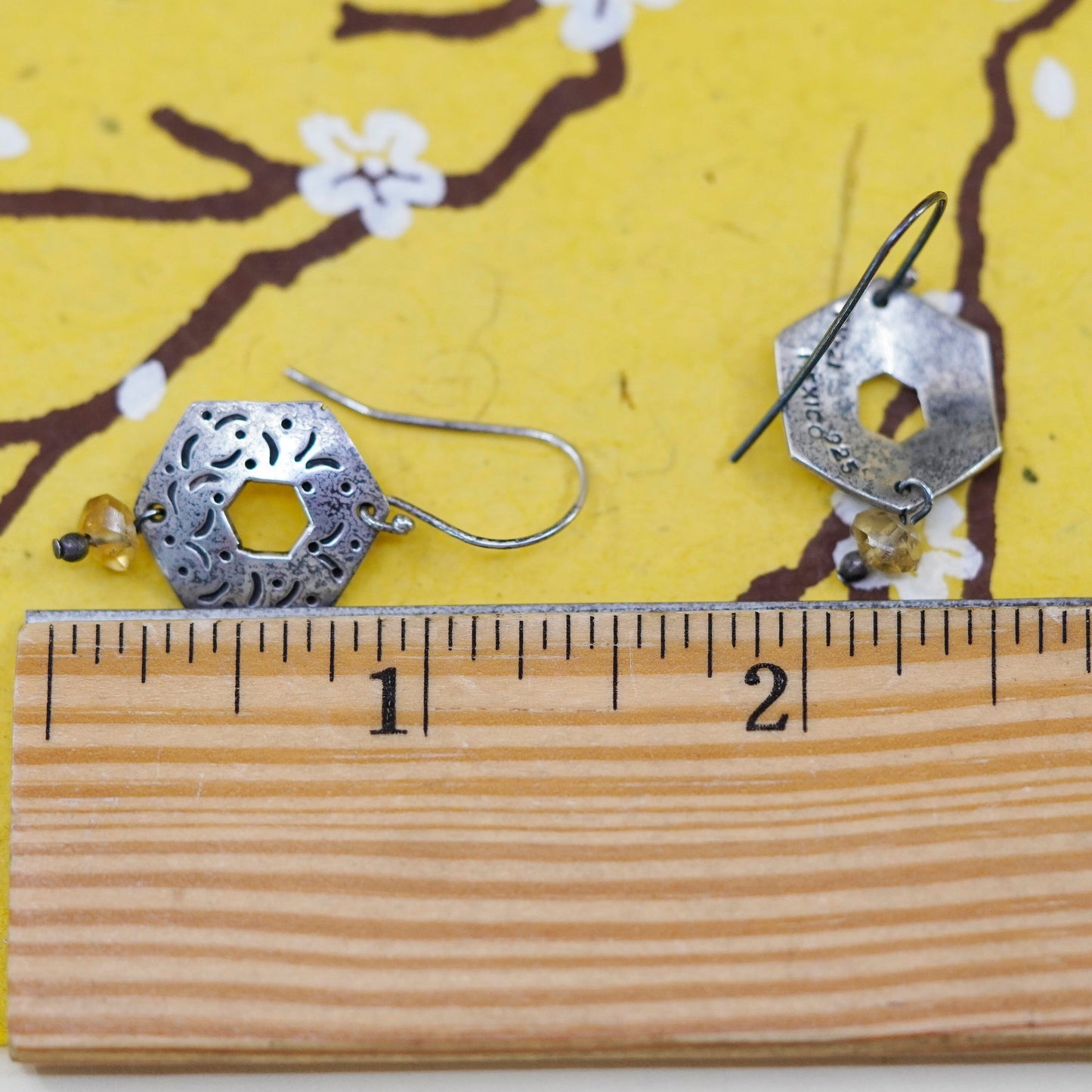 Vintage sterling 925 silver handmade honeycomb earrings with citrine