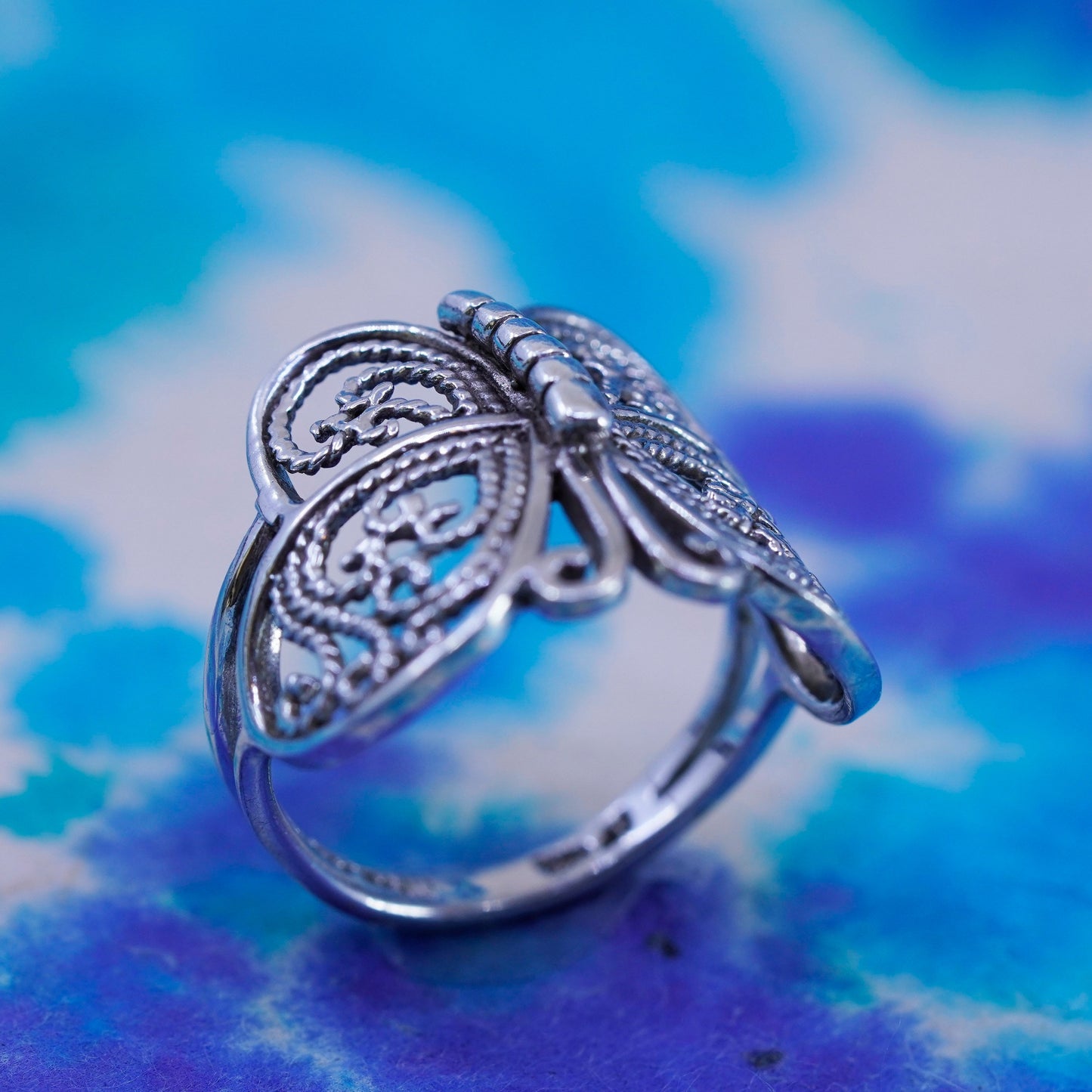 Size 6.5, vintage sterling silver handmade ring, 925 filigree butterfly band