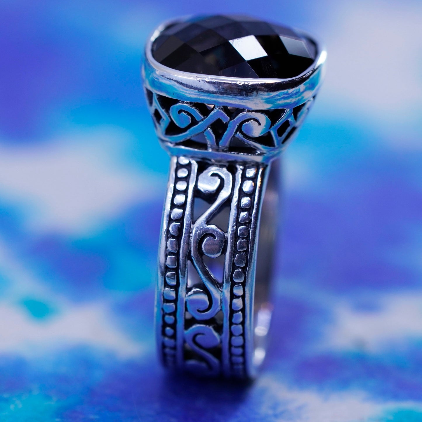 Size 6.5, vtg Brighton Sayan Sterling Silver Handmade filigree Ring smoky topaz