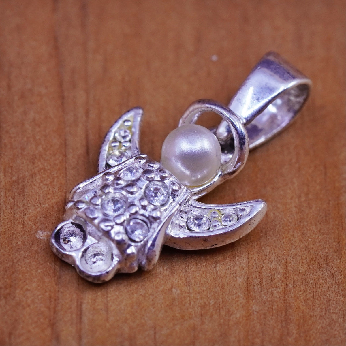 Vintage Sterling silver handmade pendant, 925 angel charm with crystal