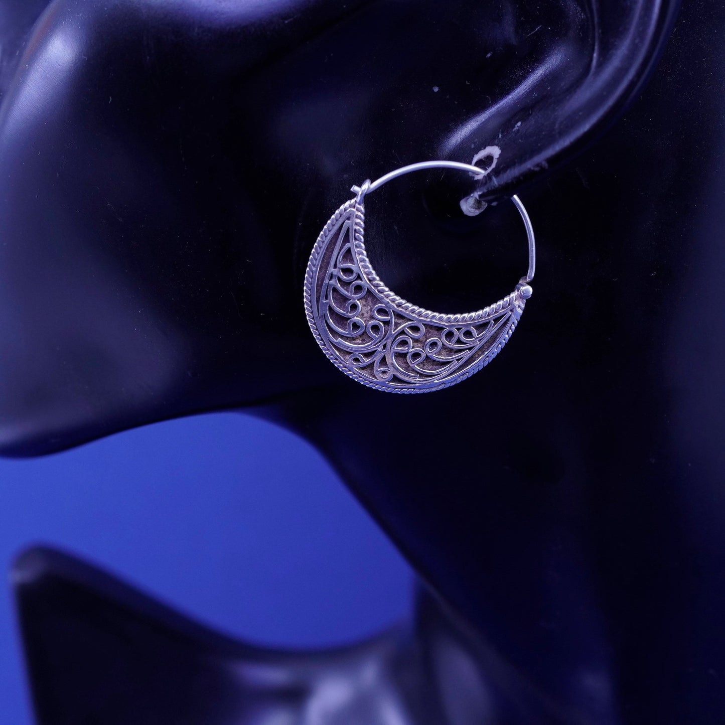 1.25”, Vintage Sterling silver handmade earrings, filigree 925 hoops