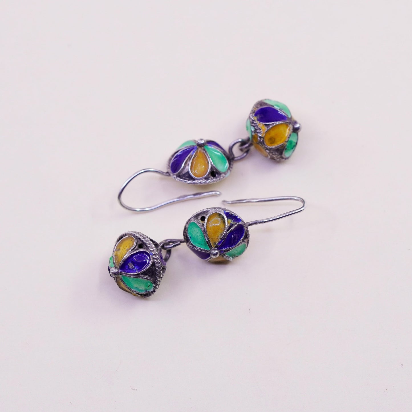 Vintage sterling 925 silver handmade bead earrings with enamel