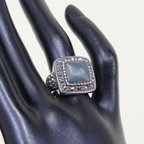 Sz 7.75, Vtg Handmade Sterling 925 Silver Cocktail Ring W/ Turquoise N Marcasite