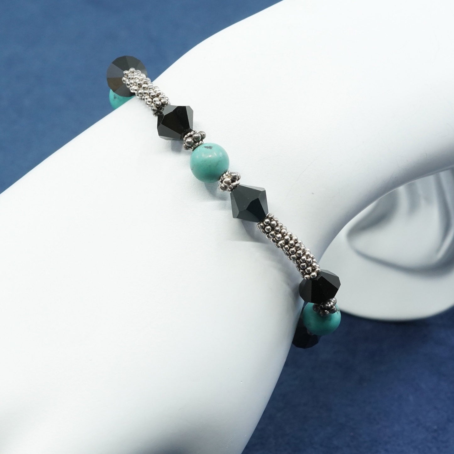 6.25”, vtg sterling 925 silver handmade bracelet w/ turquoise N obsidian